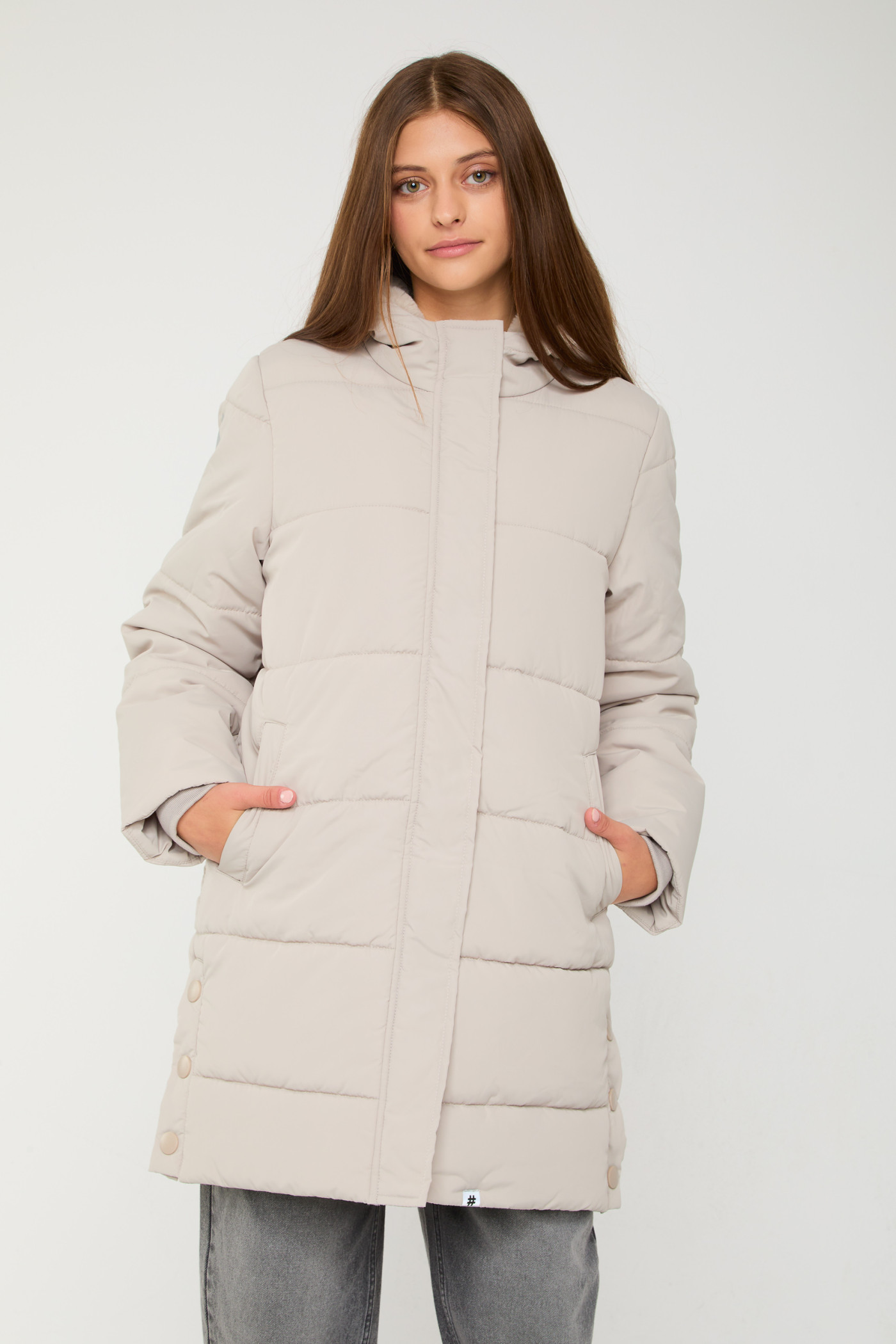 Beżowa przedłużana ocieplana kurtka z kapturem