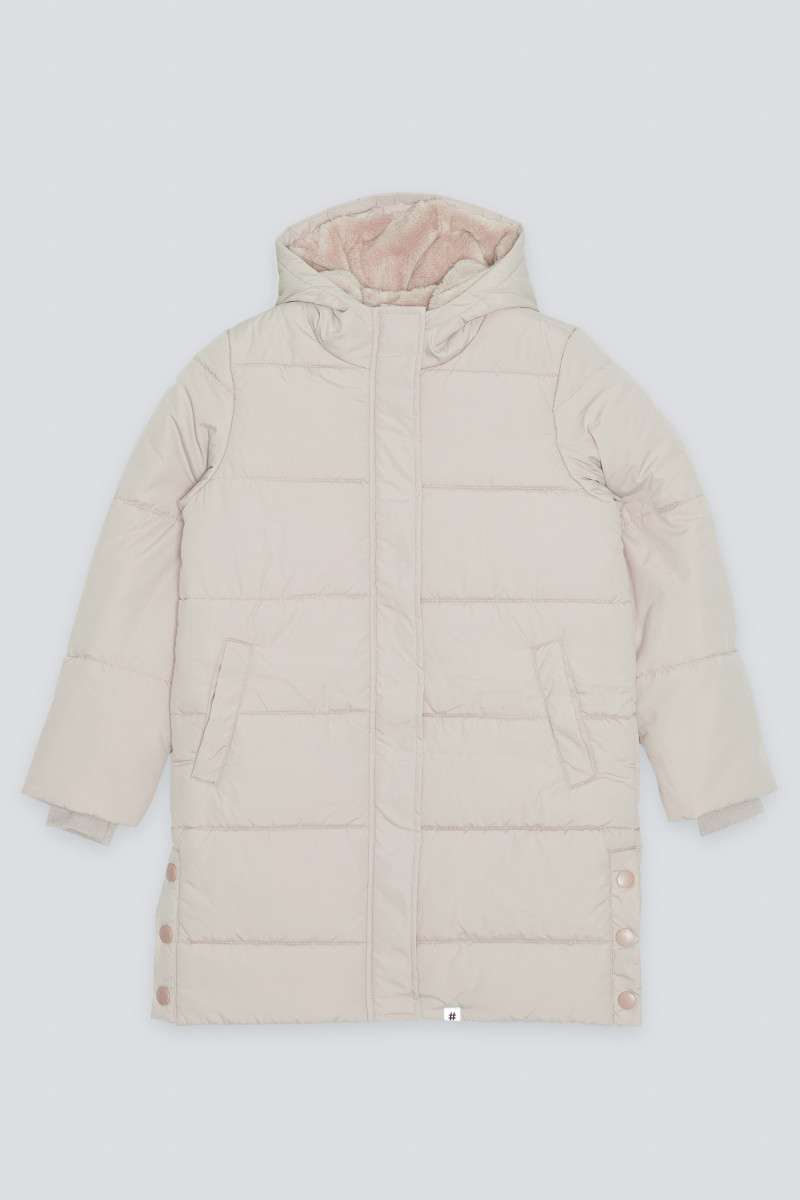 Beżowa przedłużana ocieplana kurtka z kapturem