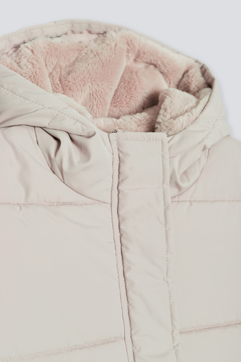 Beżowa przedłużana ocieplana kurtka z kapturem