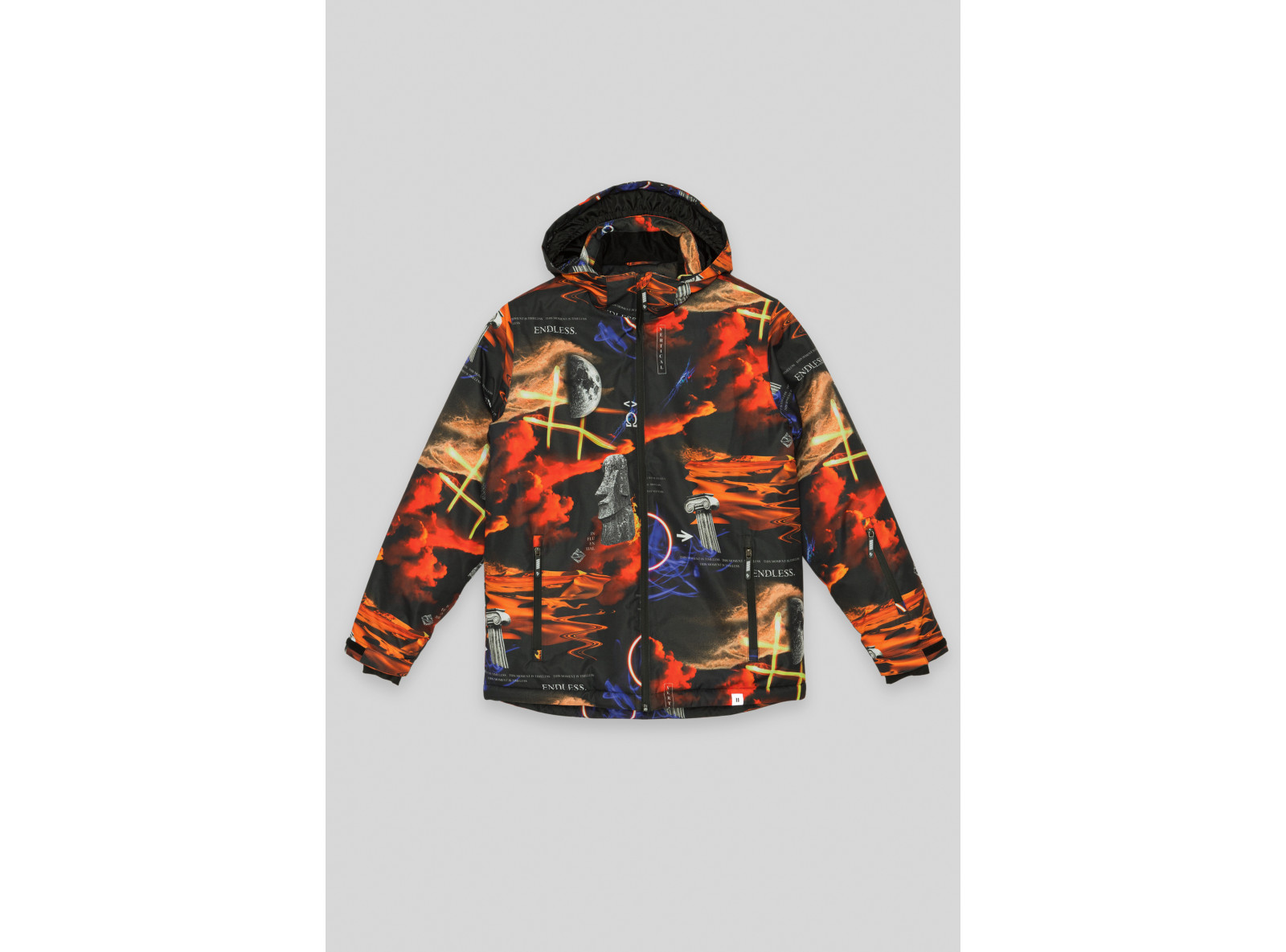 Wzorzysta pomarańczowa ocieplana kurtka z kapturem