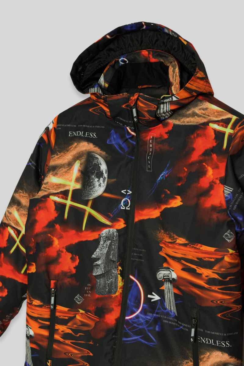 Wzorzysta pomarańczowa ocieplana kurtka z kapturem