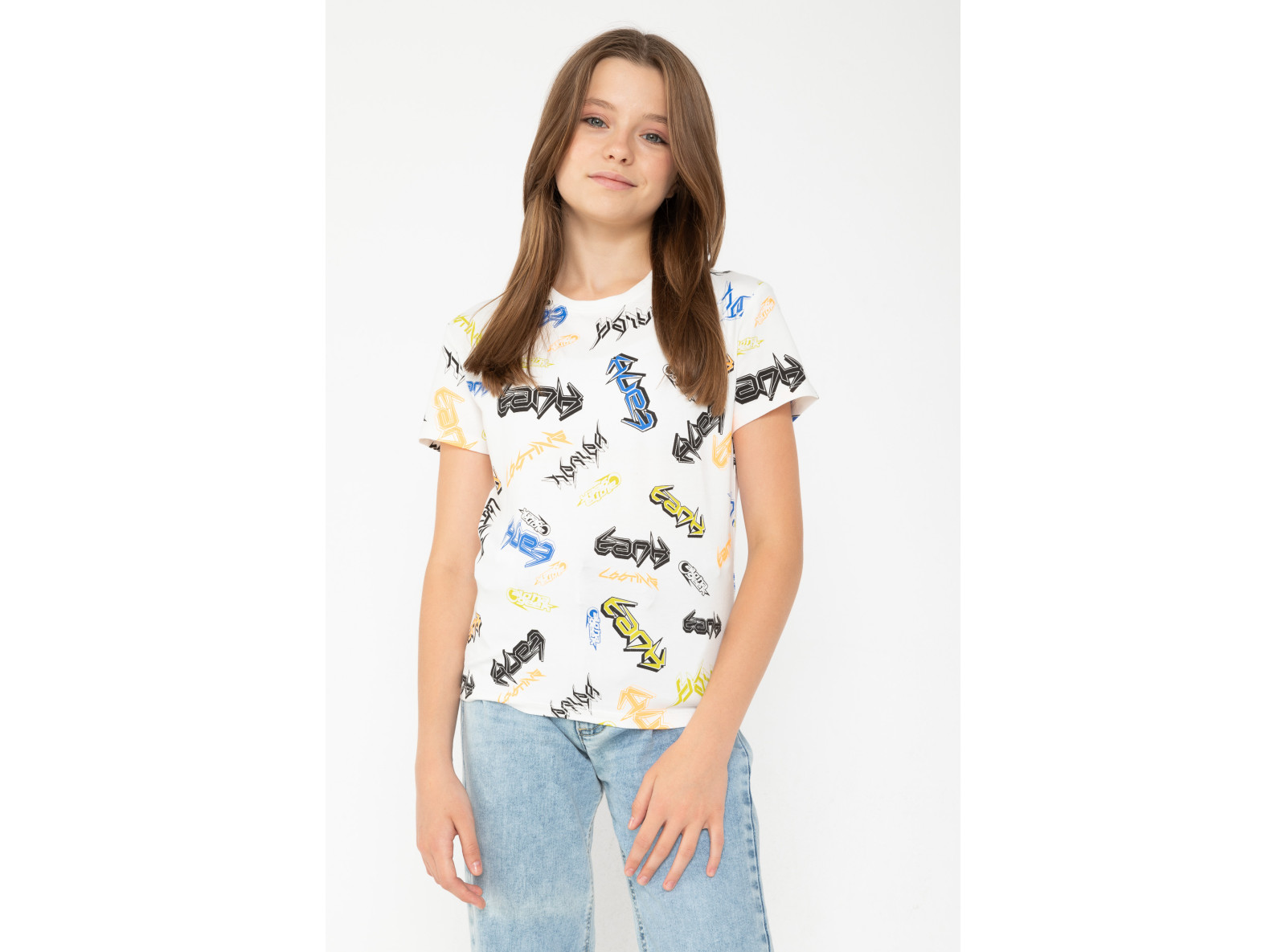 Kremowy T-shirt z nadrukami na całości