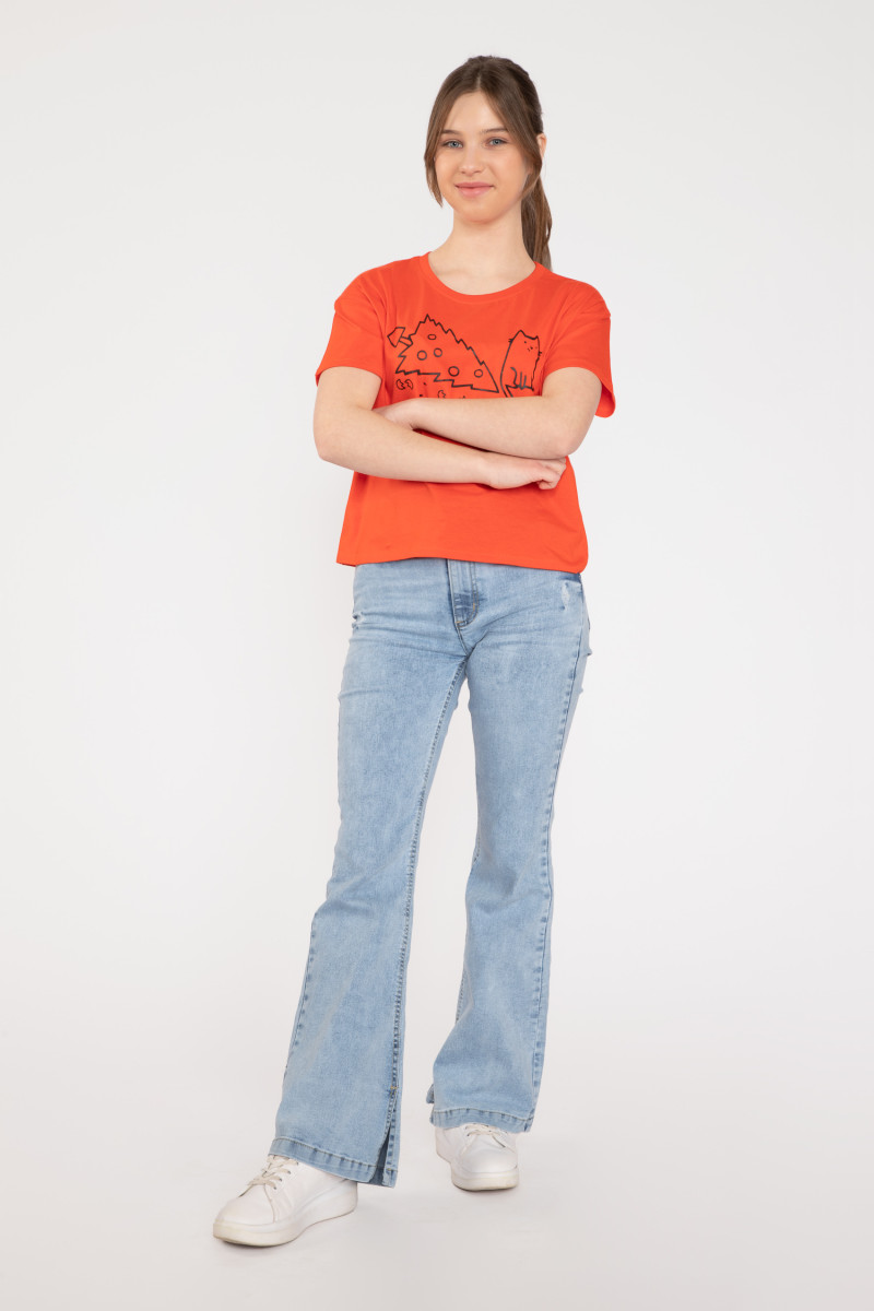 Czerwony świąteczny T-shirt z nadrukiem, pomarańczowy