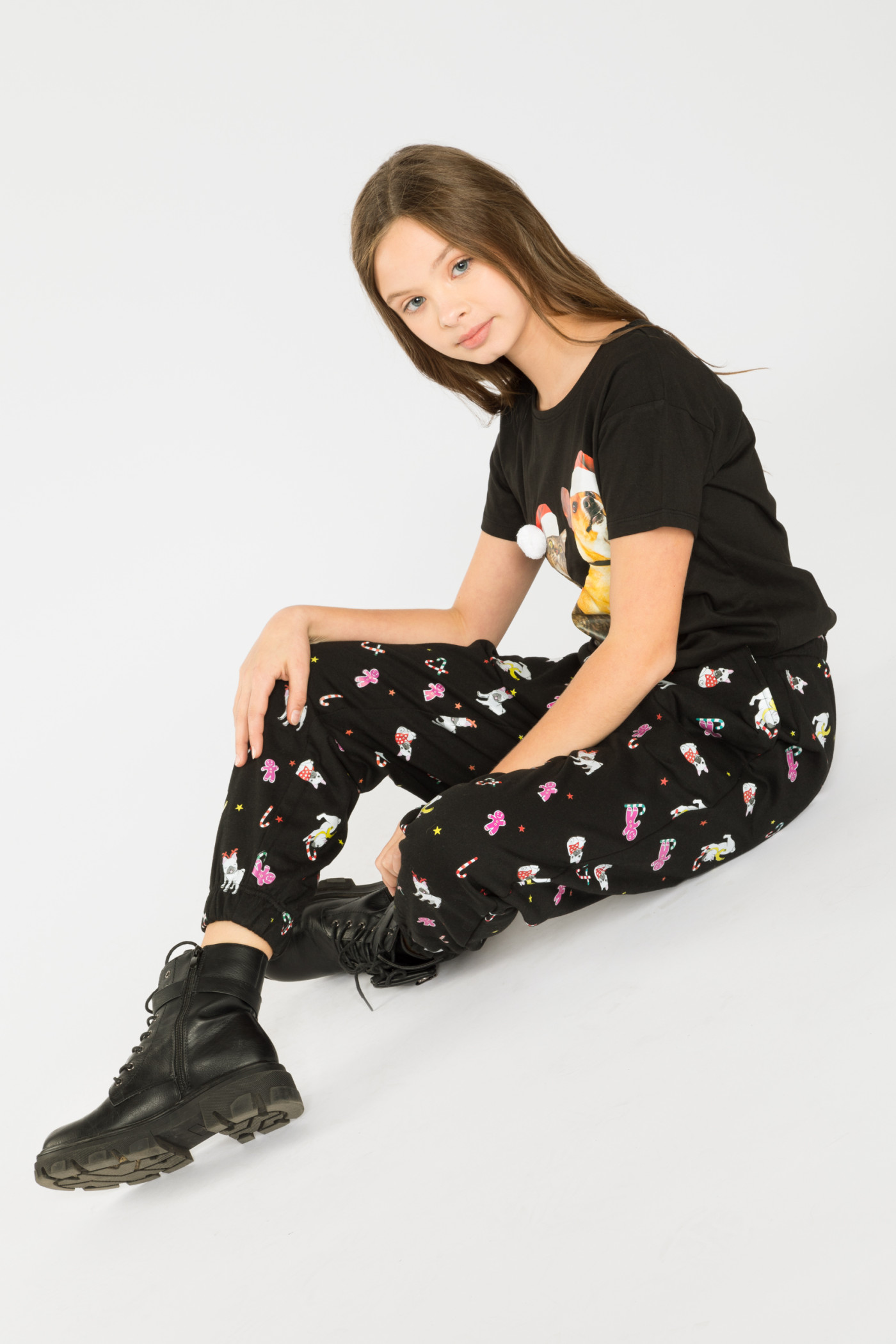 Czarny t-shirt dla dziewczyny DOG CHRISTMAS