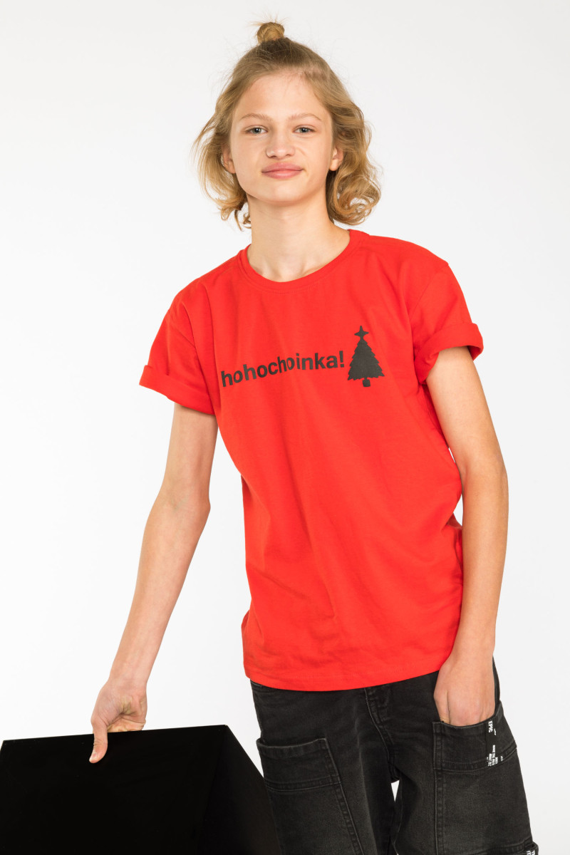 Czerwony świąteczny T-shirt z nadrukiem