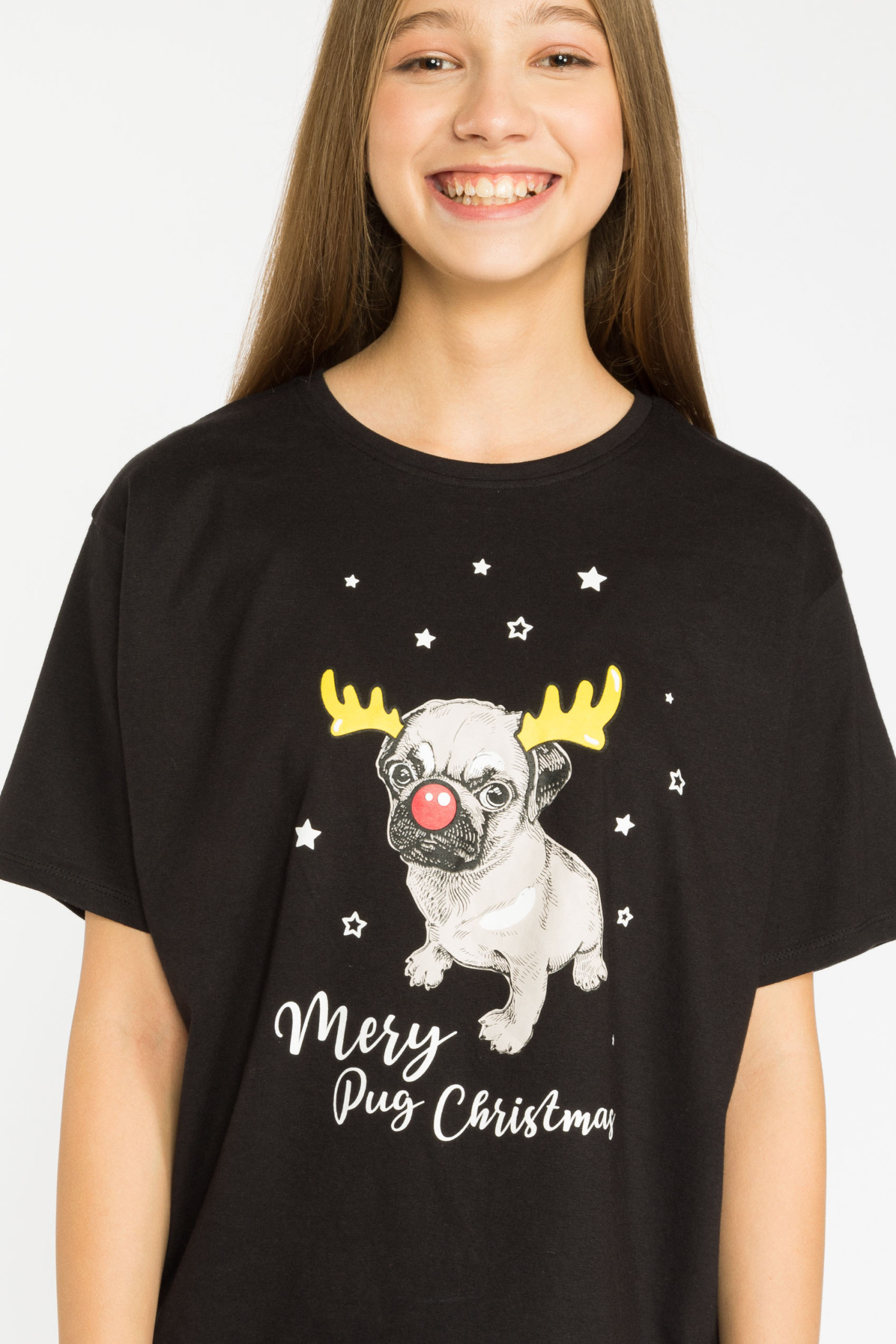 Czarny świąteczny T-shirt z nadrukiem