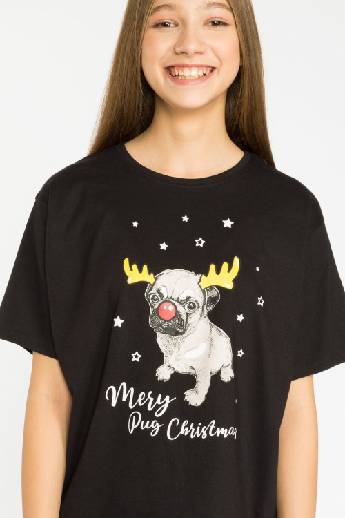 Czarny świąteczny T-shirt z nadrukiem