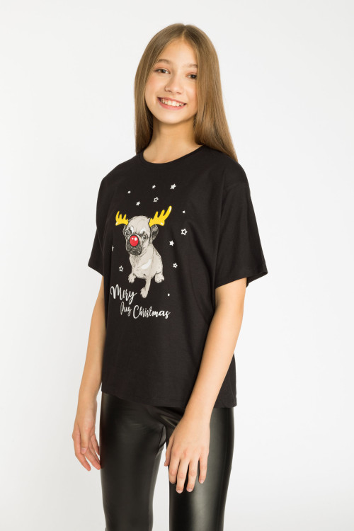 Czarny świąteczny T-shirt z nadrukiem