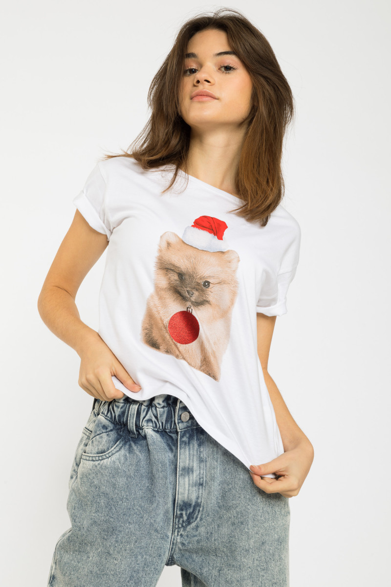 Biały świąteczny T-shirt z nadrukiem