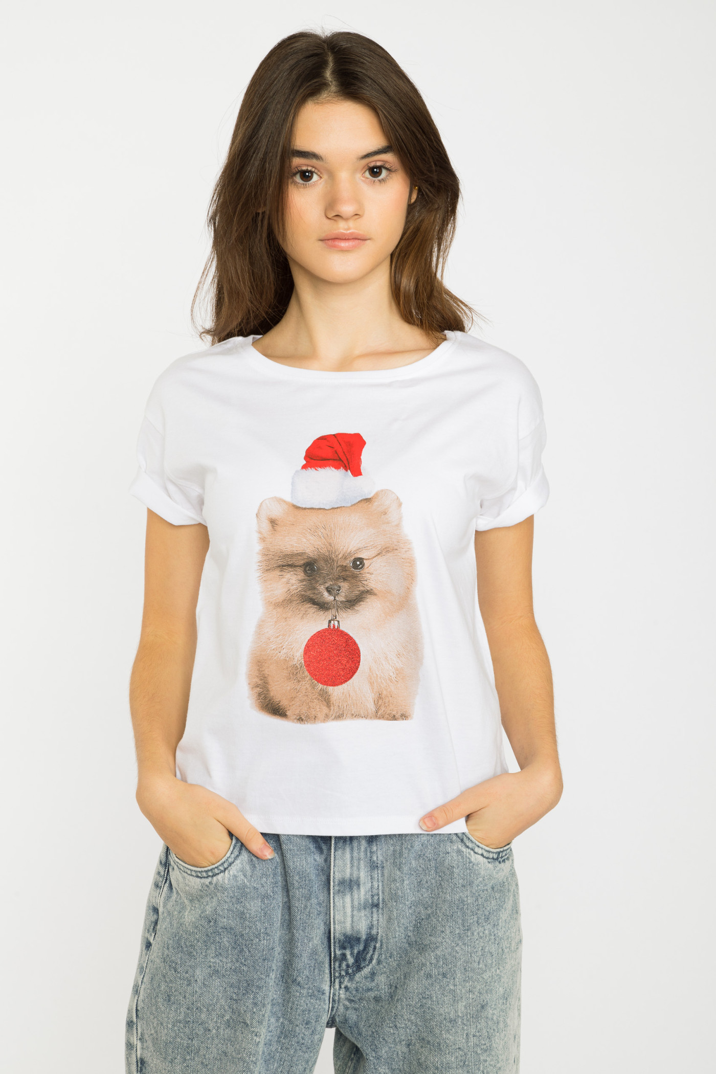 Biały świąteczny T-shirt z nadrukiem