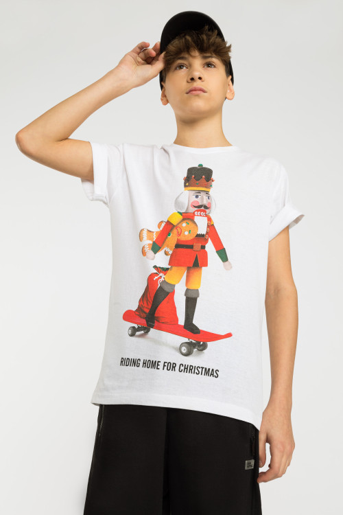 Biały świąteczny T-shirt z nadrukiem