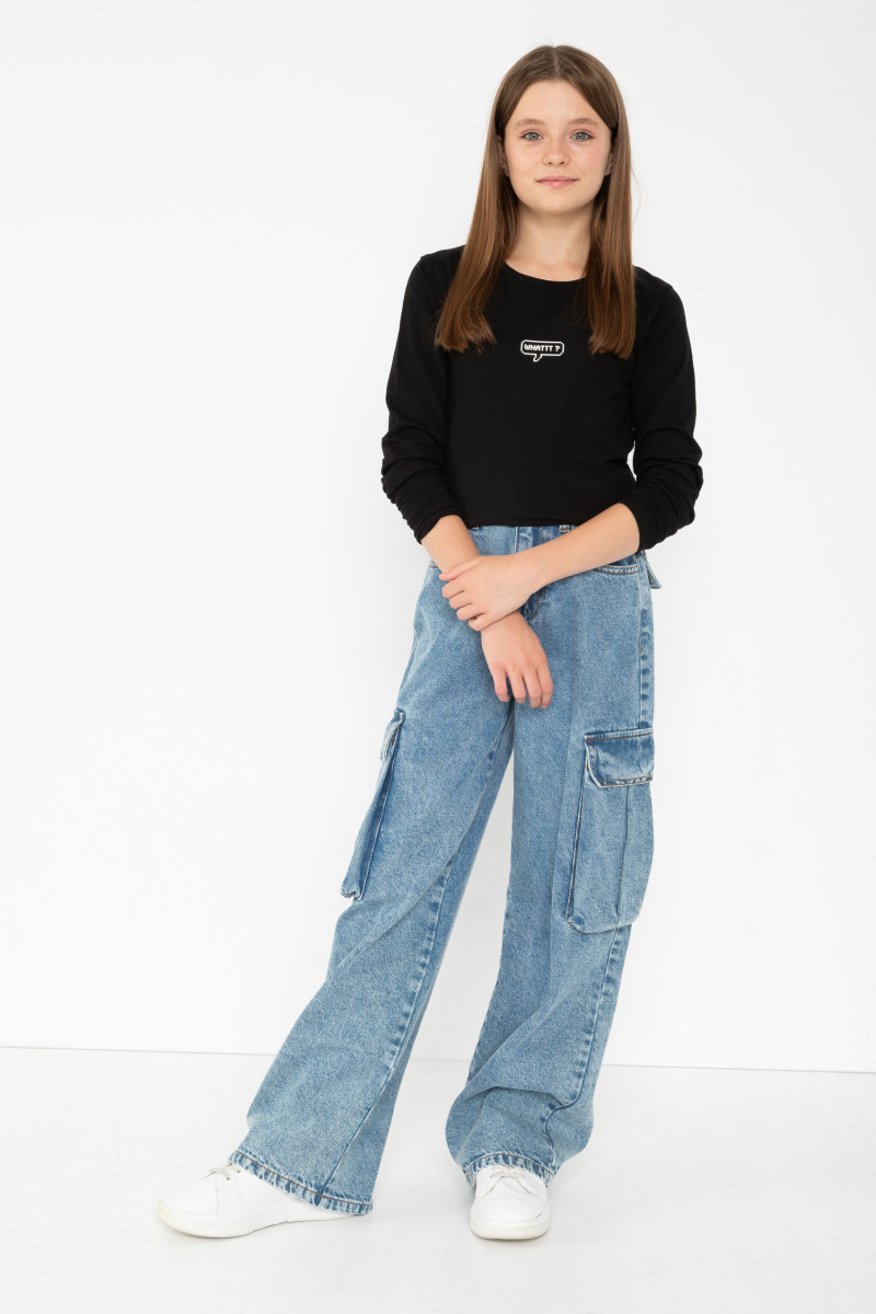 Czarna bluzka z długim rękawem i nadrukiem, czarny