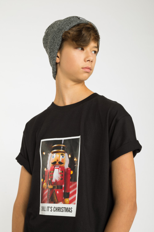 Czarny świąteczny T-shirt z nadrukiem