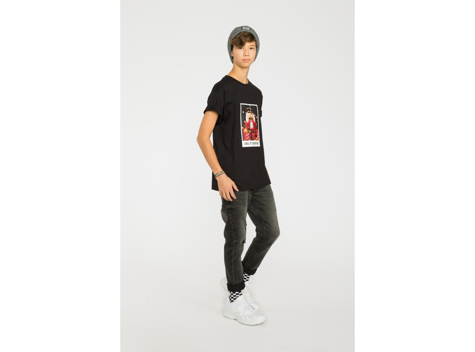 Czarny świąteczny T-shirt z nadrukiem