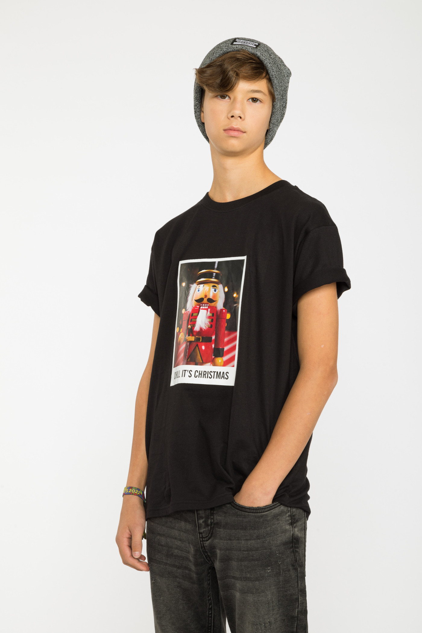 Czarny świąteczny T-shirt z nadrukiem