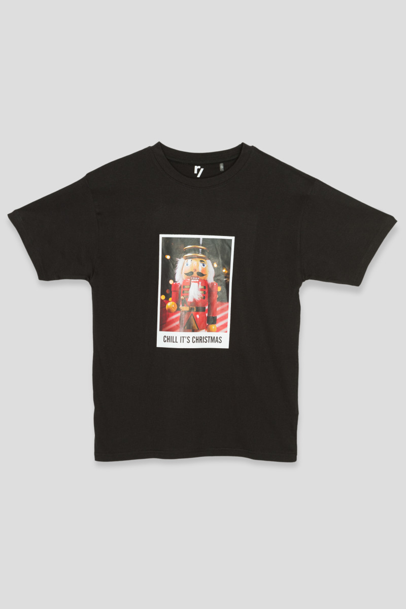 Czarny świąteczny T-shirt z nadrukiem