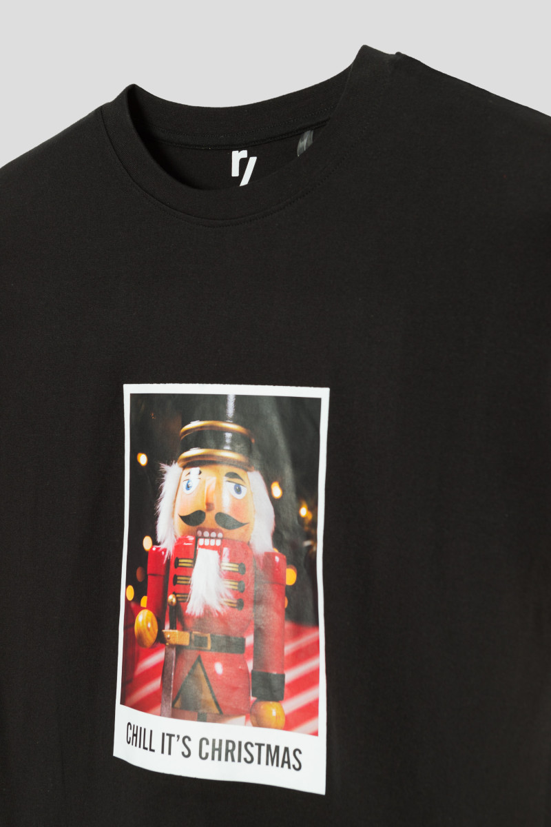 Czarny świąteczny T-shirt z nadrukiem