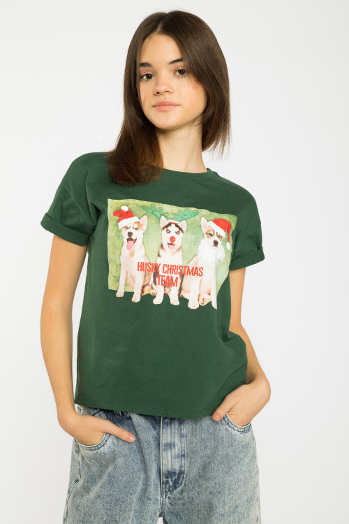 Zielony T-shirt ze świątecznym nadrukiem