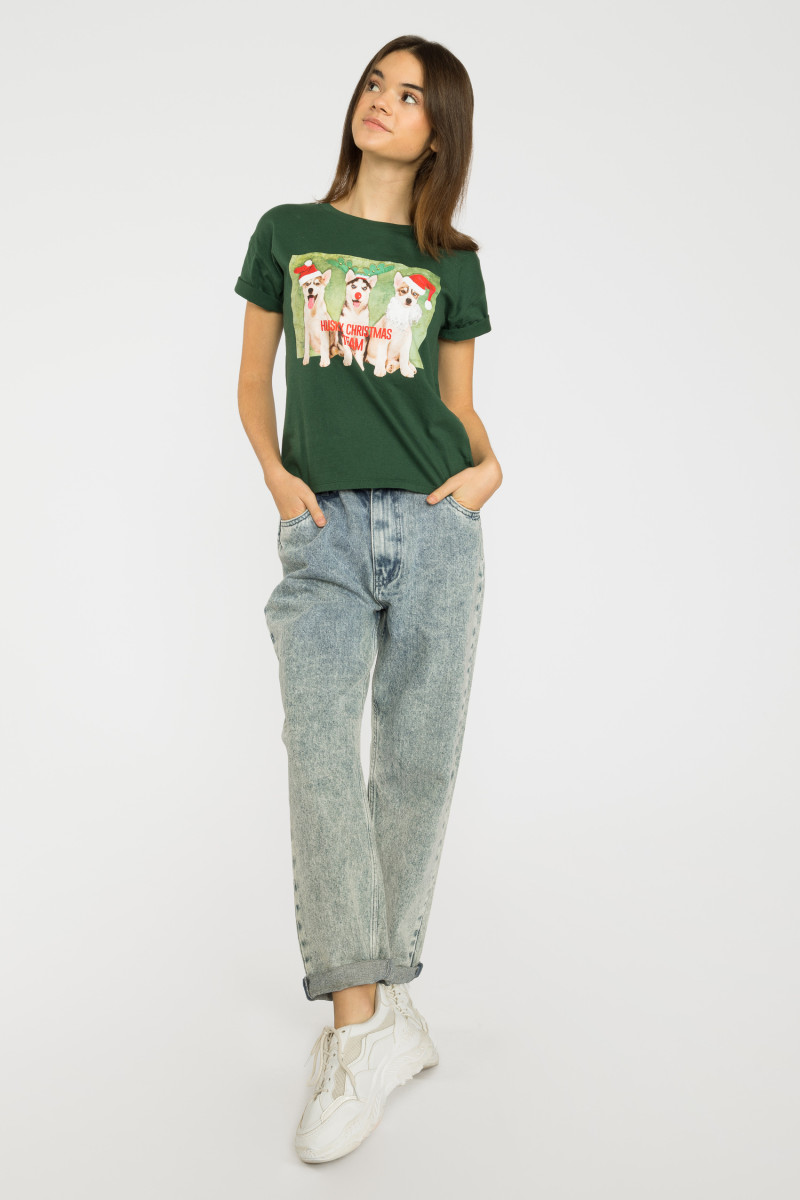 Zielony T-shirt ze świątecznym nadrukiem, zielony