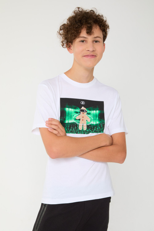 Biały świąteczny T-shirt z nadrukiem z przodu