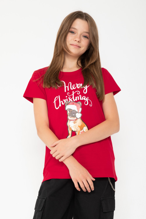 Czerwony T-shirt ze świątecznym nadrukiem