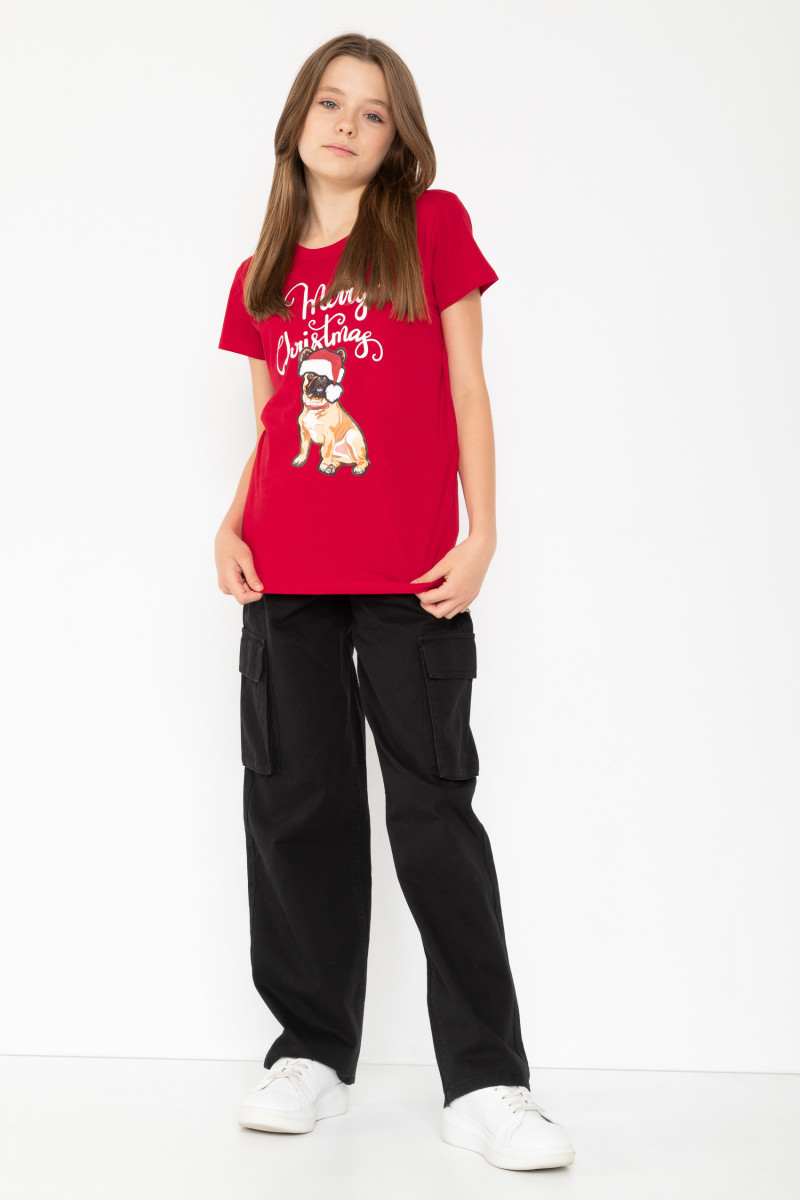 Czerwony T-shirt ze świątecznym nadrukiem, czerwony