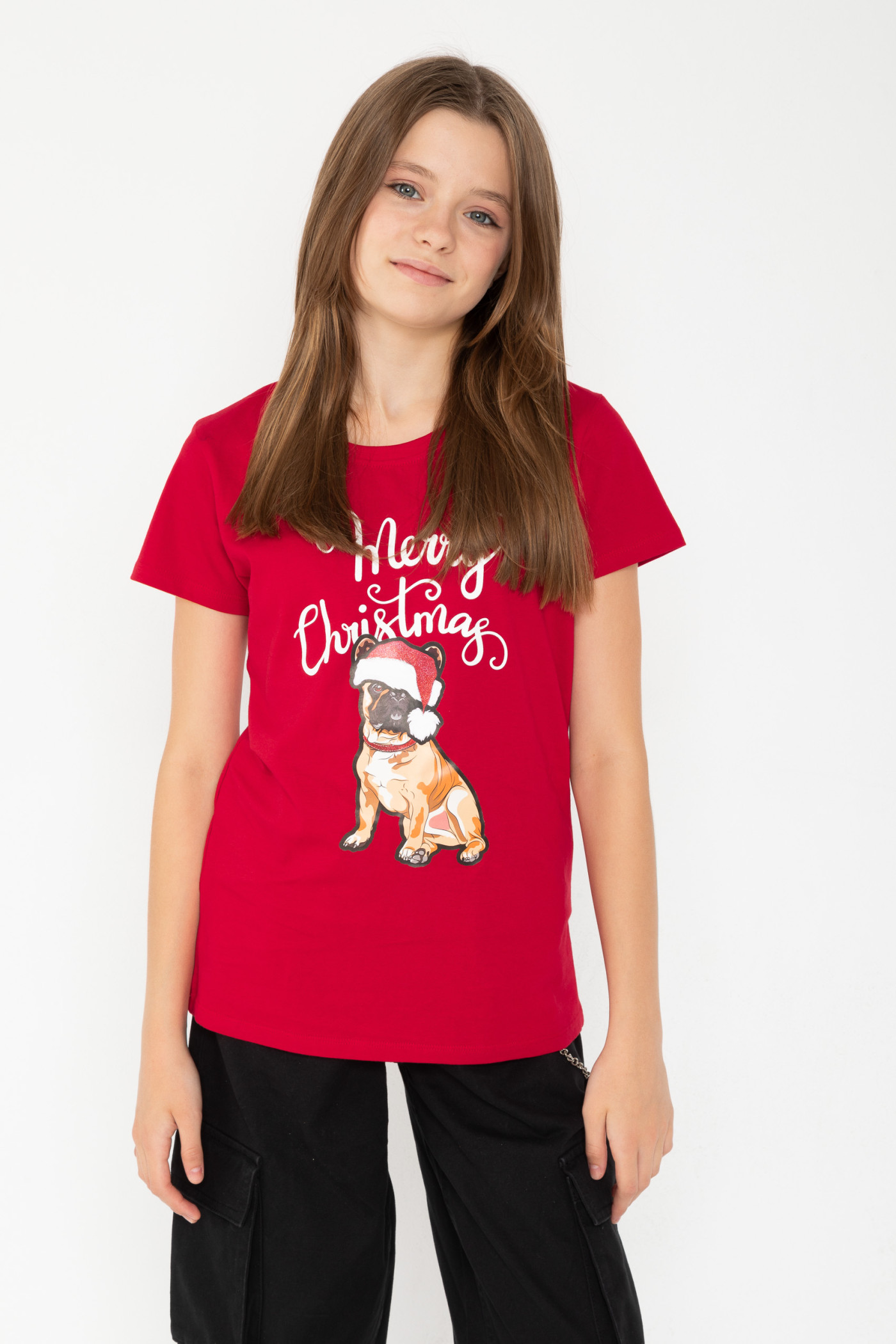 Czerwony T-shirt ze świątecznym nadrukiem