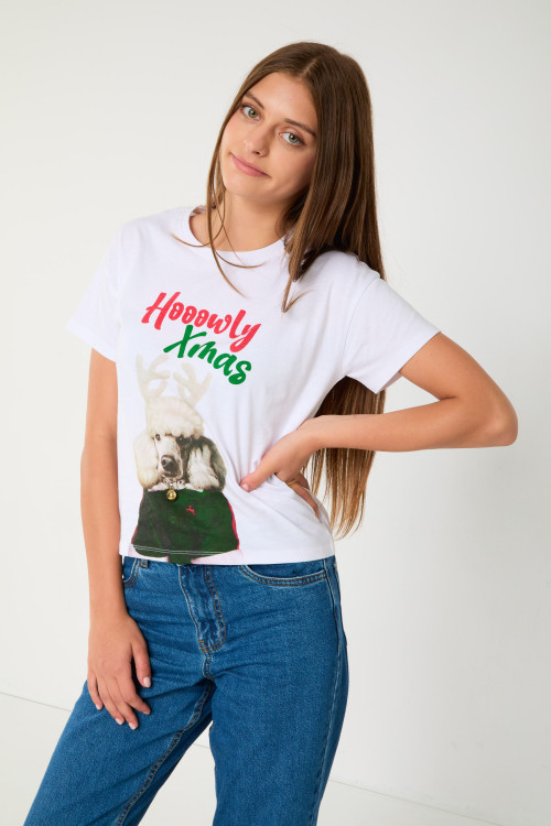 Biały T-shirt ze świątecznym nadrukiem