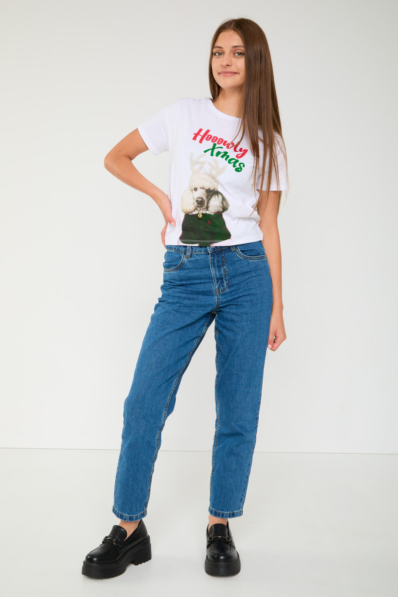 Biały T-shirt ze świątecznym nadrukiem, biały