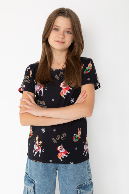 Czarny T-shirt ze świątecznym nadrukiem