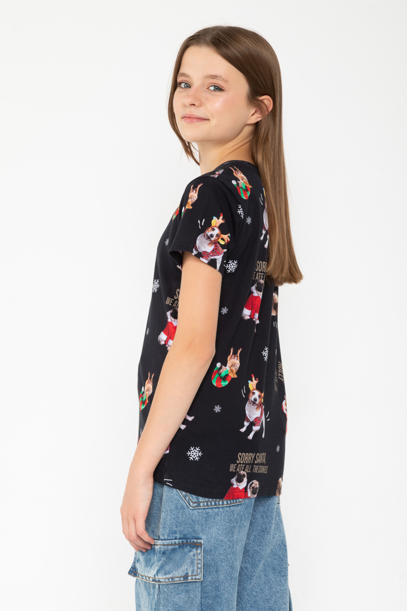 Czarny T-shirt ze świątecznym nadrukiem