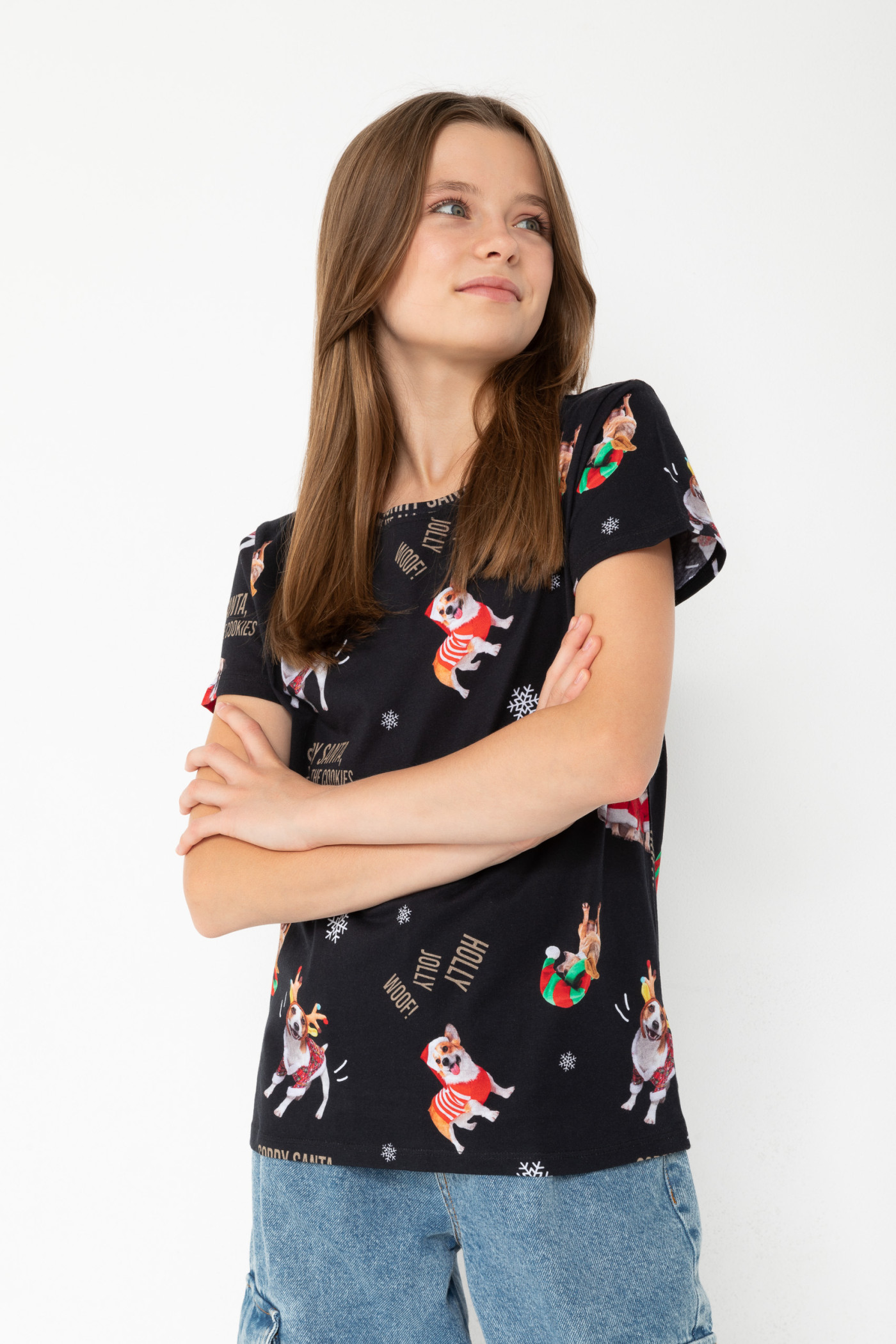 Czarny T-shirt ze świątecznym nadrukiem