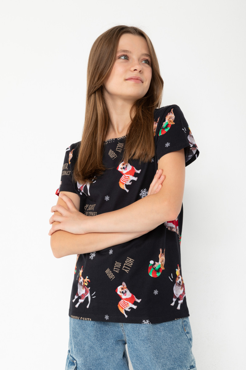 Czarny T-shirt ze świątecznym nadrukiem