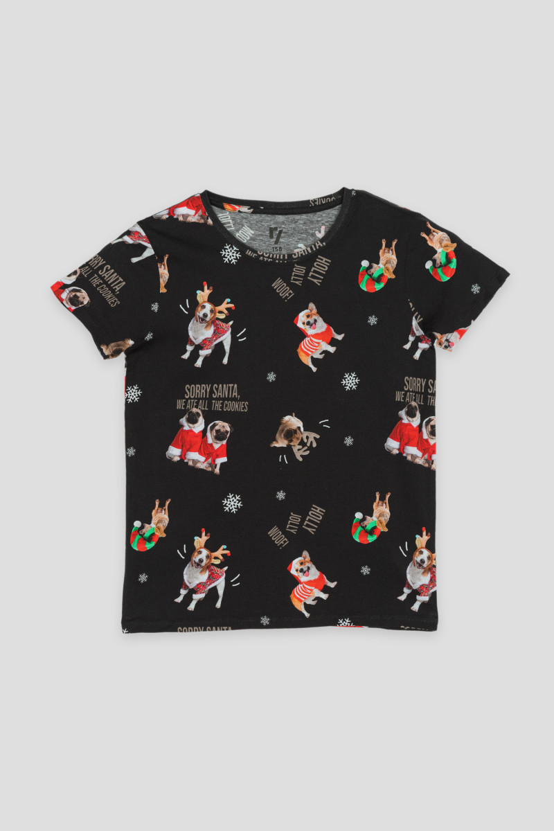 Czarny T-shirt ze świątecznym nadrukiem