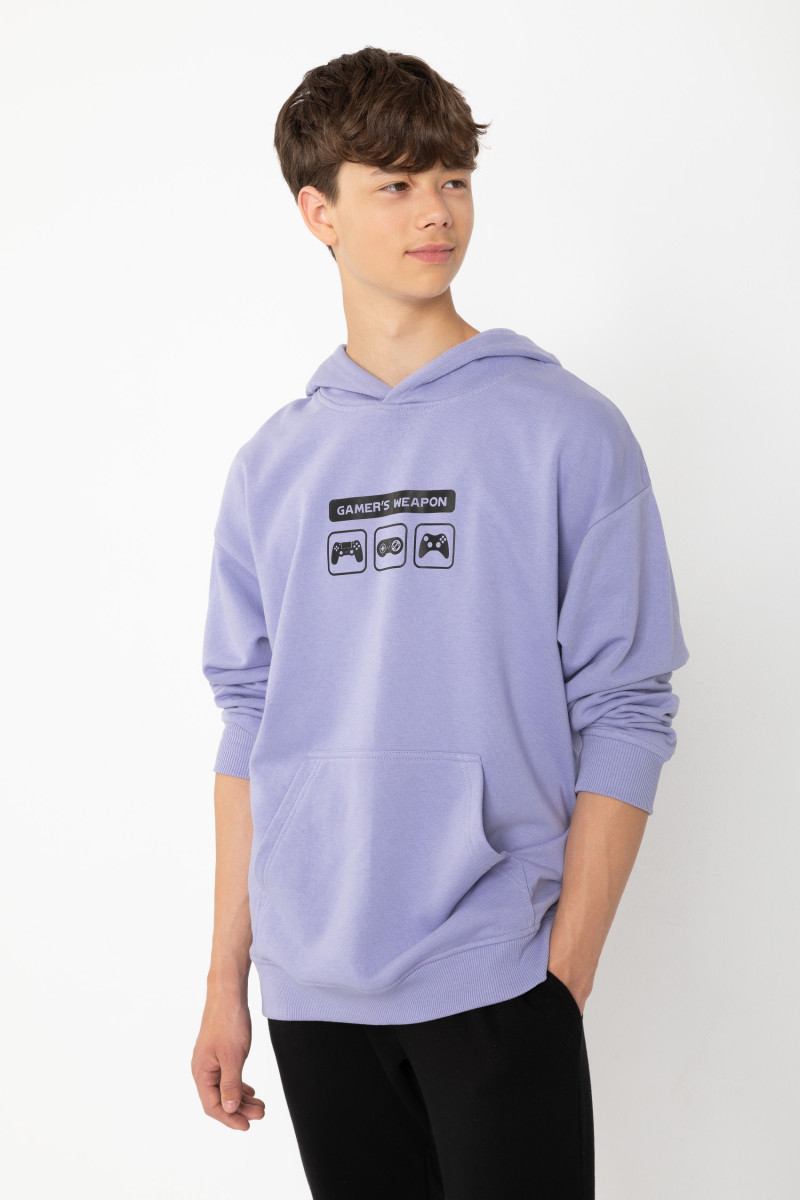 Fioletowa bluza dresowa z kapturem i nadrukiem, fioletowy