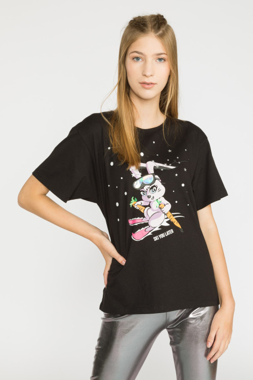 Czarny t-shirt dla dziewczyny z krótkim rękawem SKI