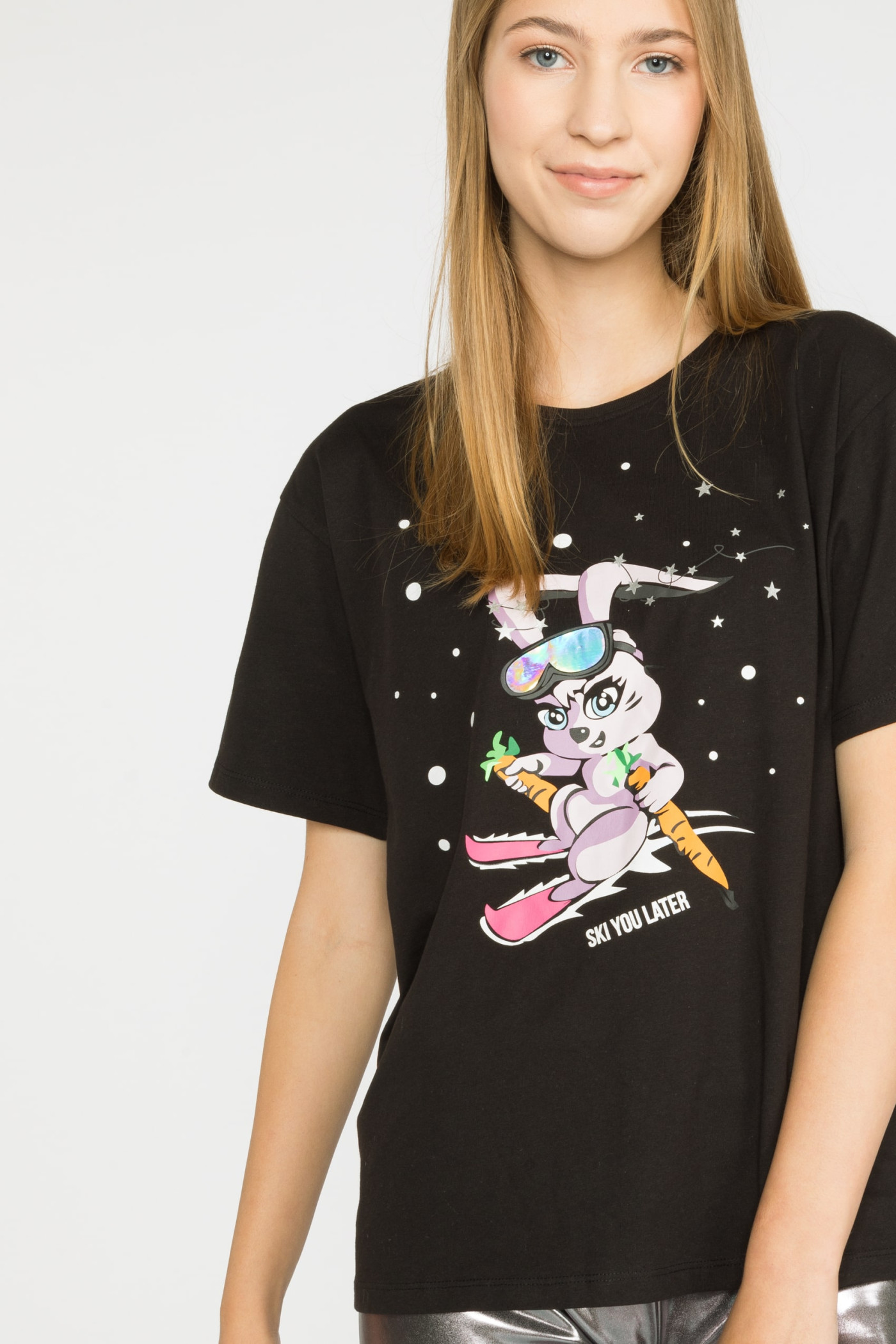 Czarny t-shirt dla dziewczyny z krótkim rękawem SKI