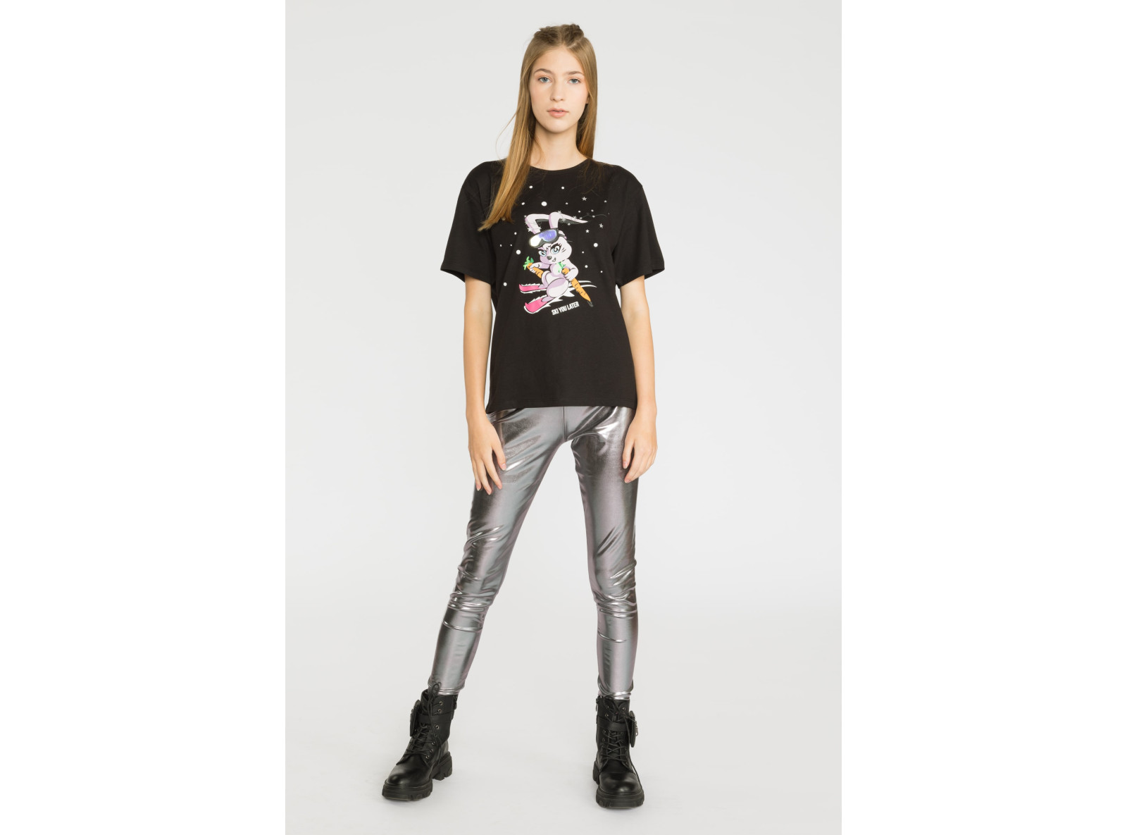 Czarny t-shirt dla dziewczyny z krótkim rękawem SKI