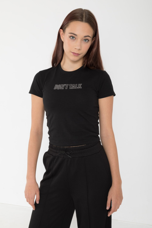 Czarny T-shirt z błyszczącym napisem