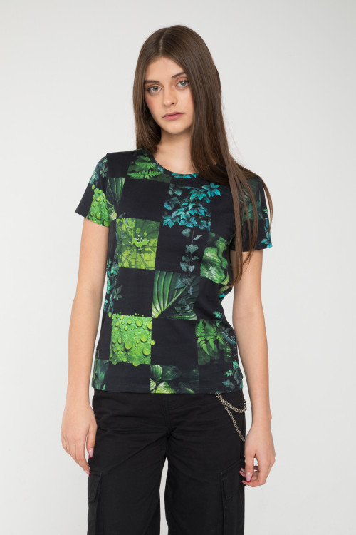 Czarny T-Shirt z nadrukiem w kolorze soczystej zieleni