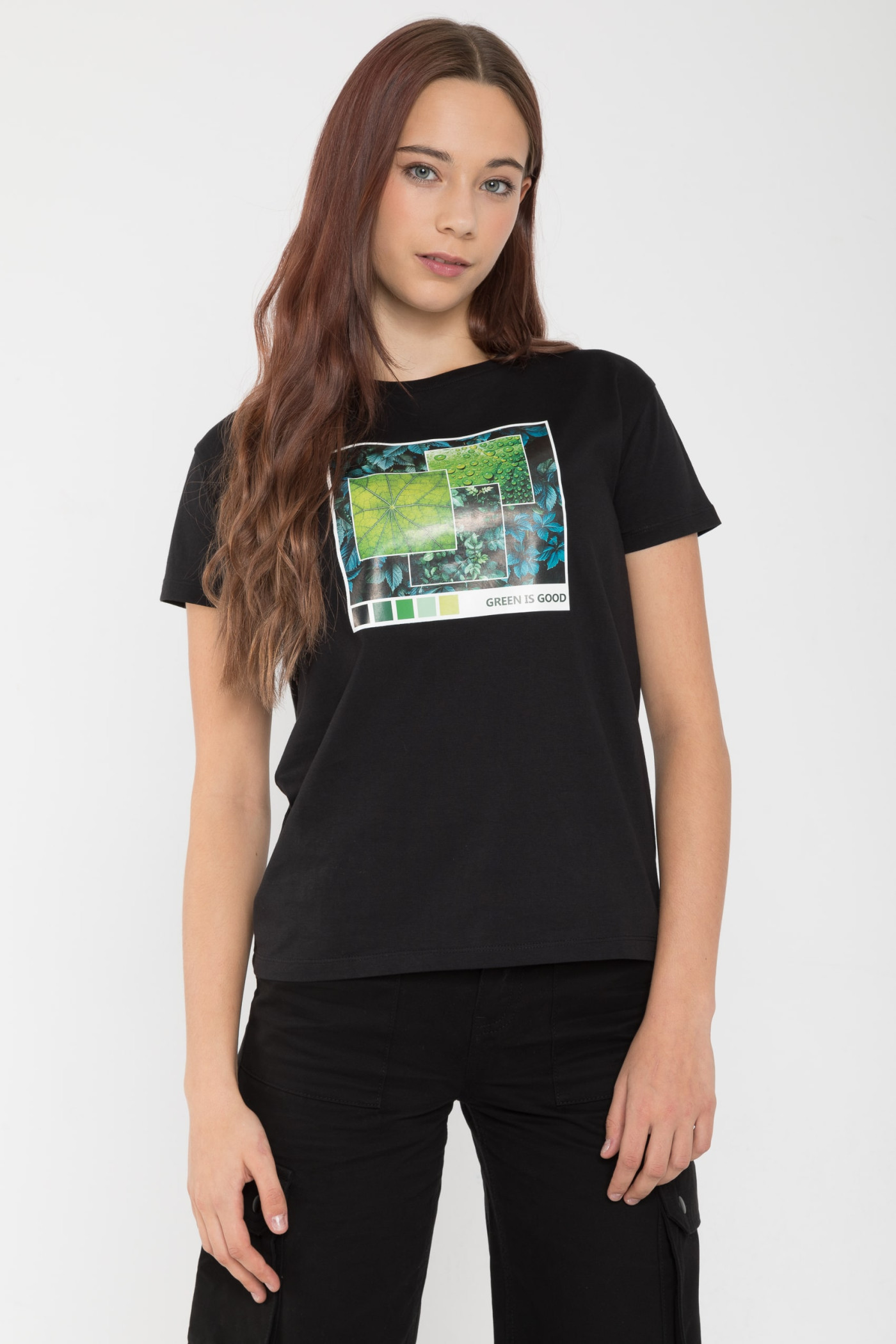 Czarny T-Shirt z nadrukiem w kolorze ciemnej zieleni
