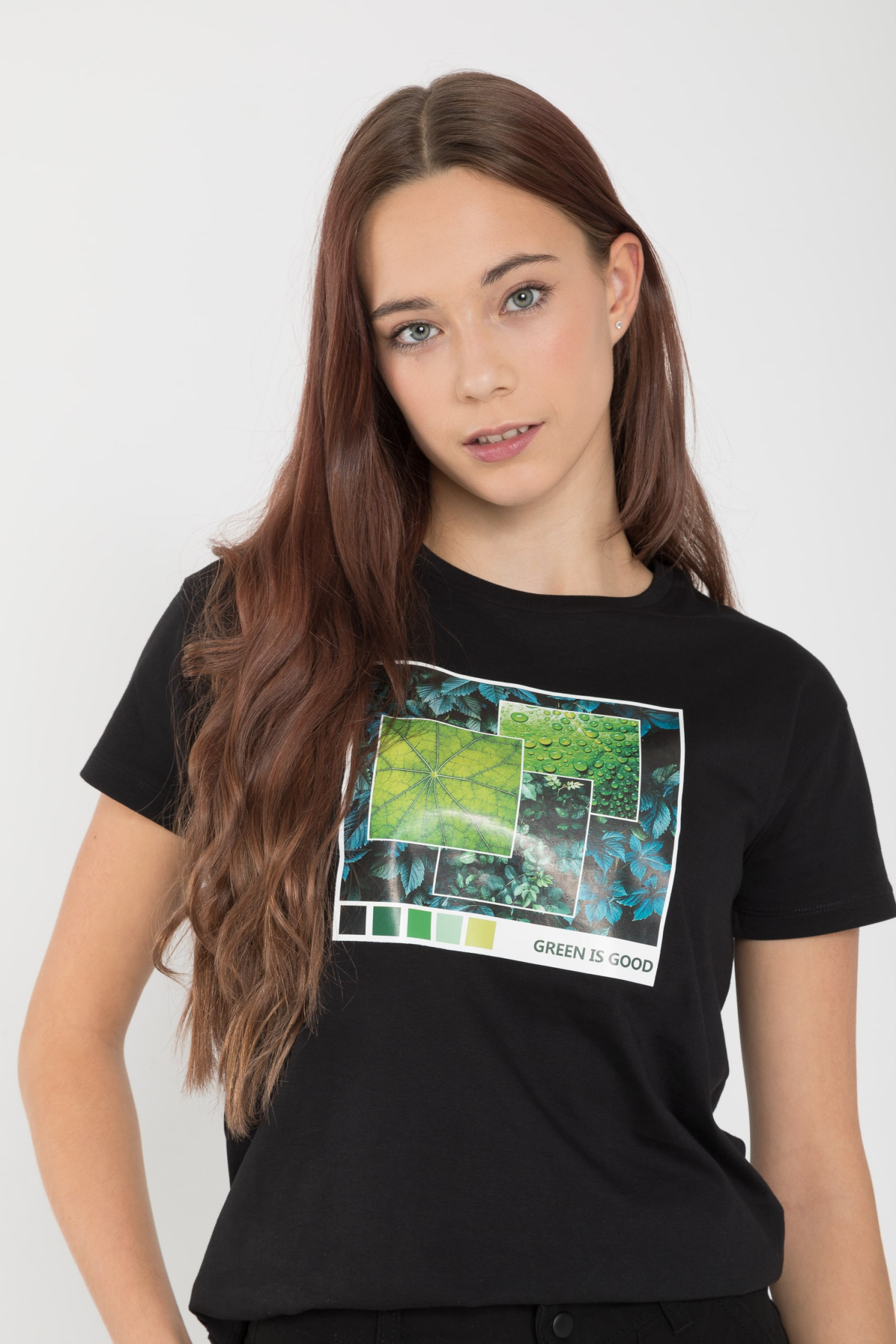 Czarny T-Shirt z nadrukiem w kolorze ciemnej zieleni