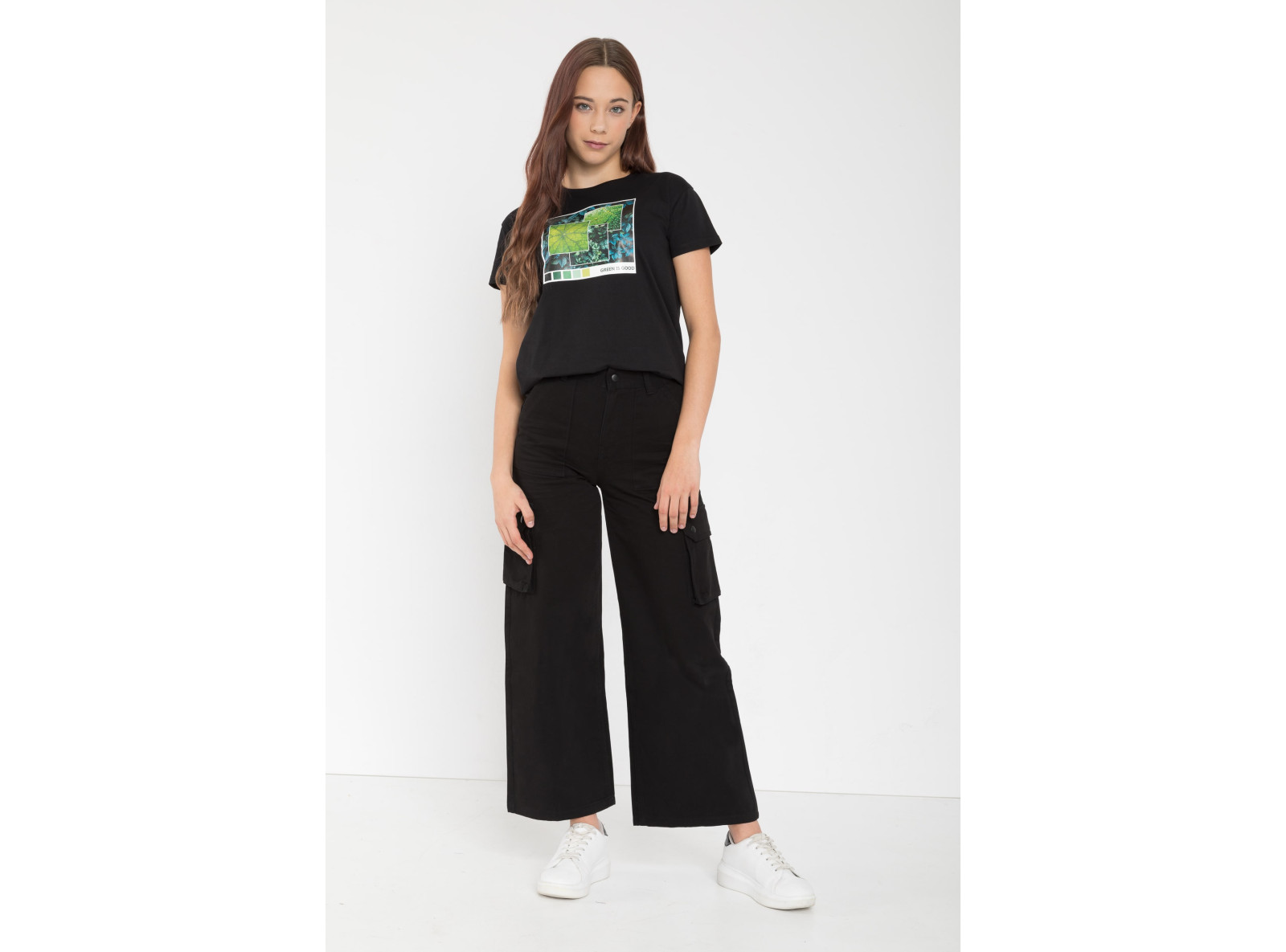 Czarny T-Shirt z nadrukiem w kolorze ciemnej zieleni