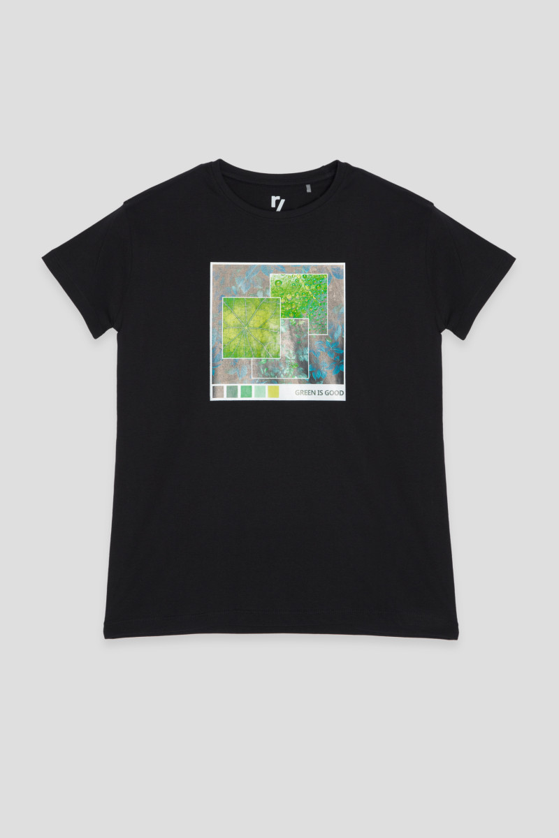 Czarny T-Shirt z nadrukiem w kolorze ciemnej zieleni