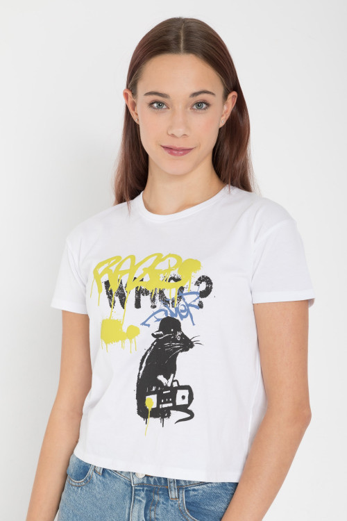 Biały T-shirt z kolorowym nadrukiem z przodu