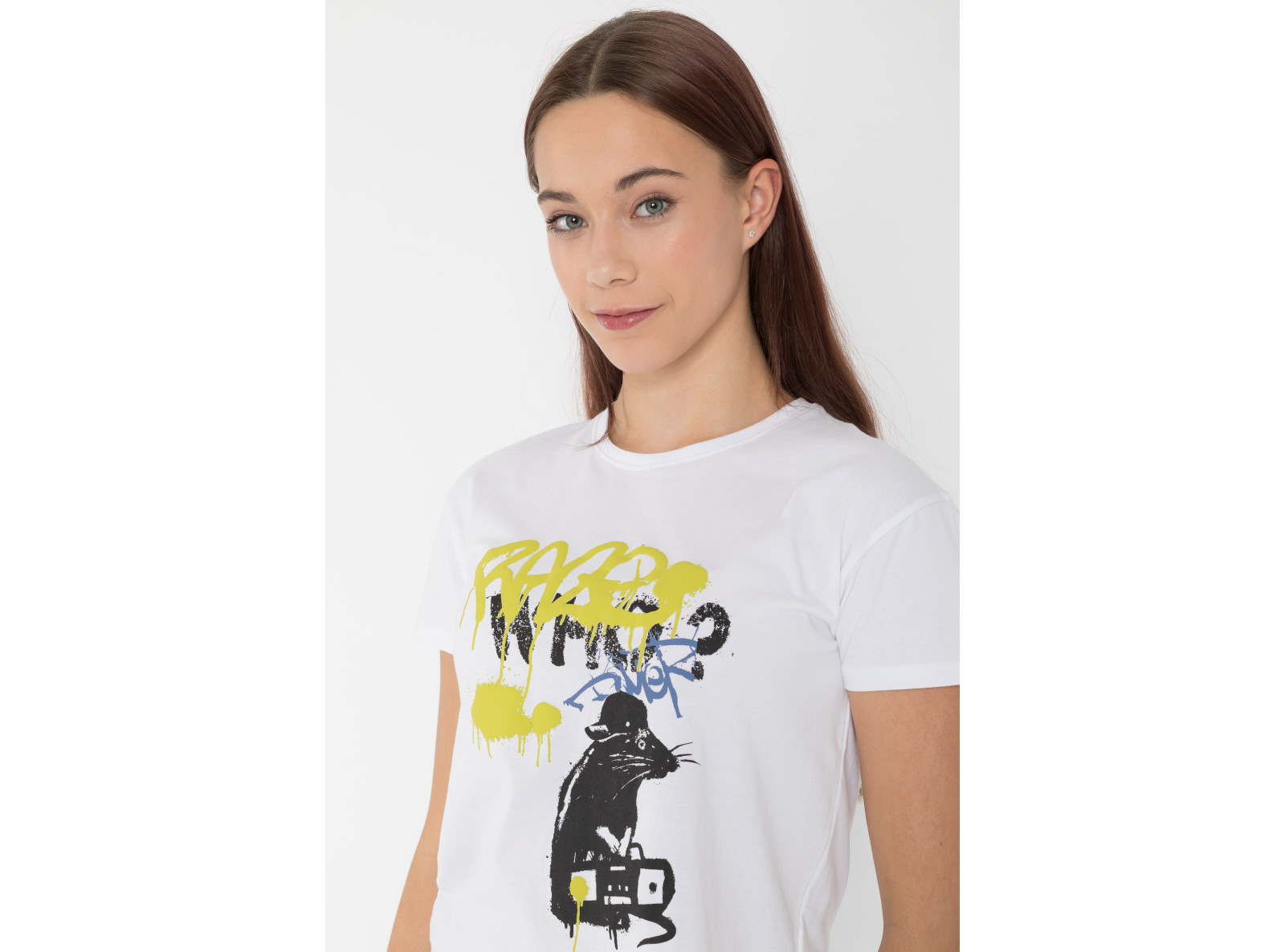 Biały T-shirt z kolorowym nadrukiem z przodu