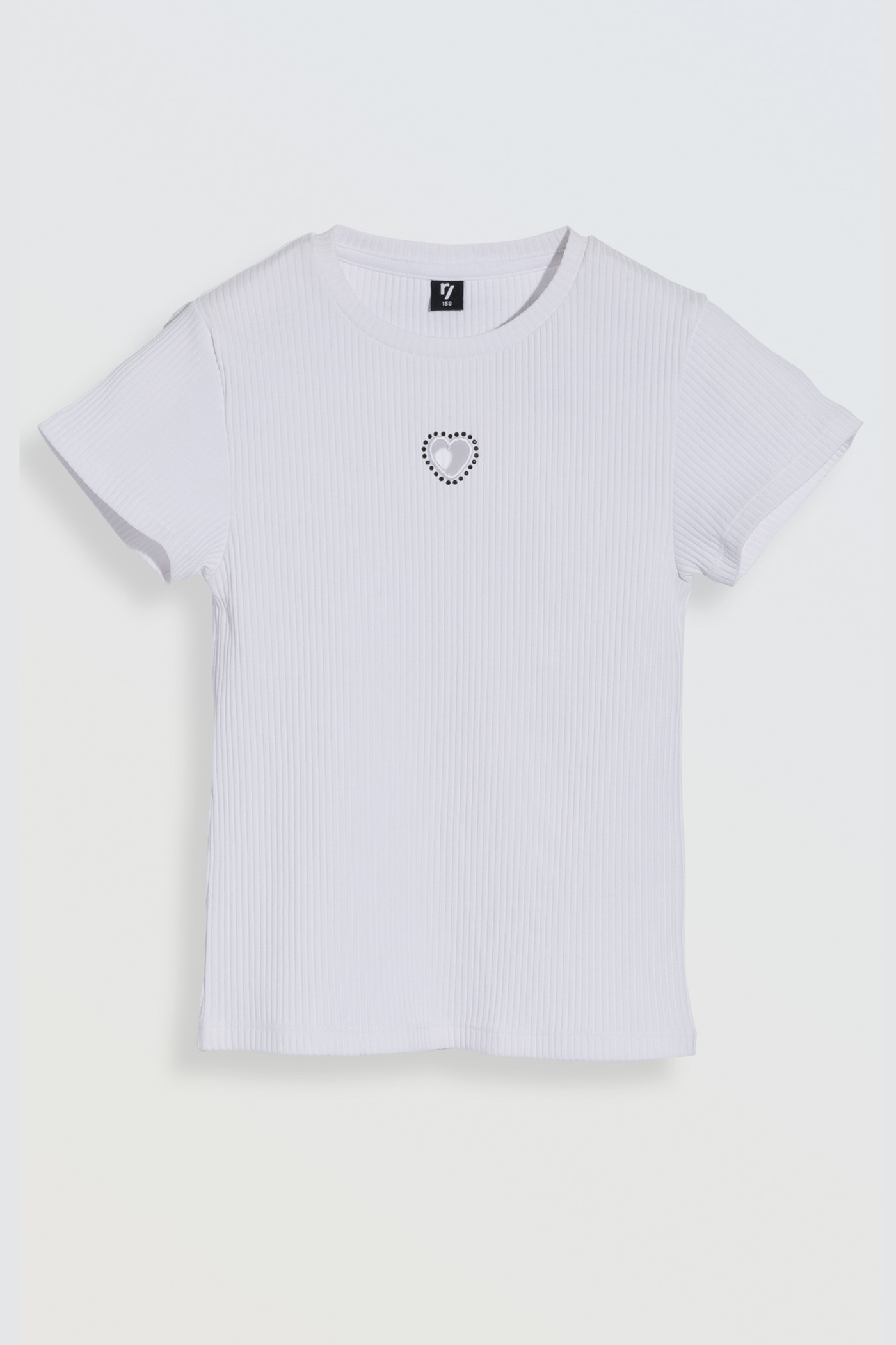 Biała bluzka z dzianiny prążkowanej z ozdobną aplikacją z przodu