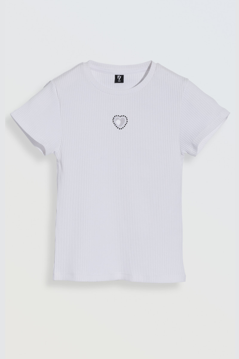 Biała bluzka z dzianiny prążkowanej z ozdobną aplikacją z przodu