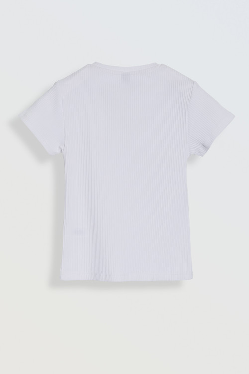 Biała bluzka z dzianiny prążkowanej z ozdobną aplikacją z przodu