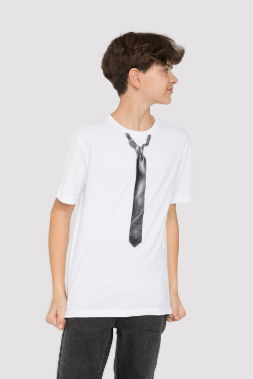 Biały T-shirt z motywem krawatu